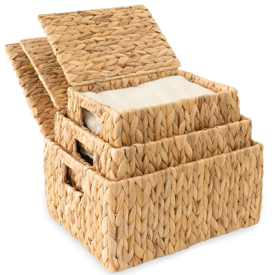 Wicker Storage Baskets with Lid, Set 3 Basket With Lid Decorative Storage Rectangle Wicker Storag... | Amazon (US)