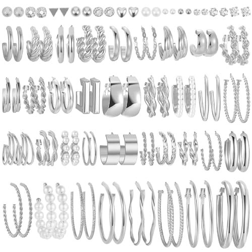 48 Pairs Silver Earrings Set for Women-Chunky Silver Hoop Earrings Multipack Twisted Statement Pearl Earring Pack, Trendy Hypoallergenic Small Big Hoops Earrings Jewelry | Amazon (US)