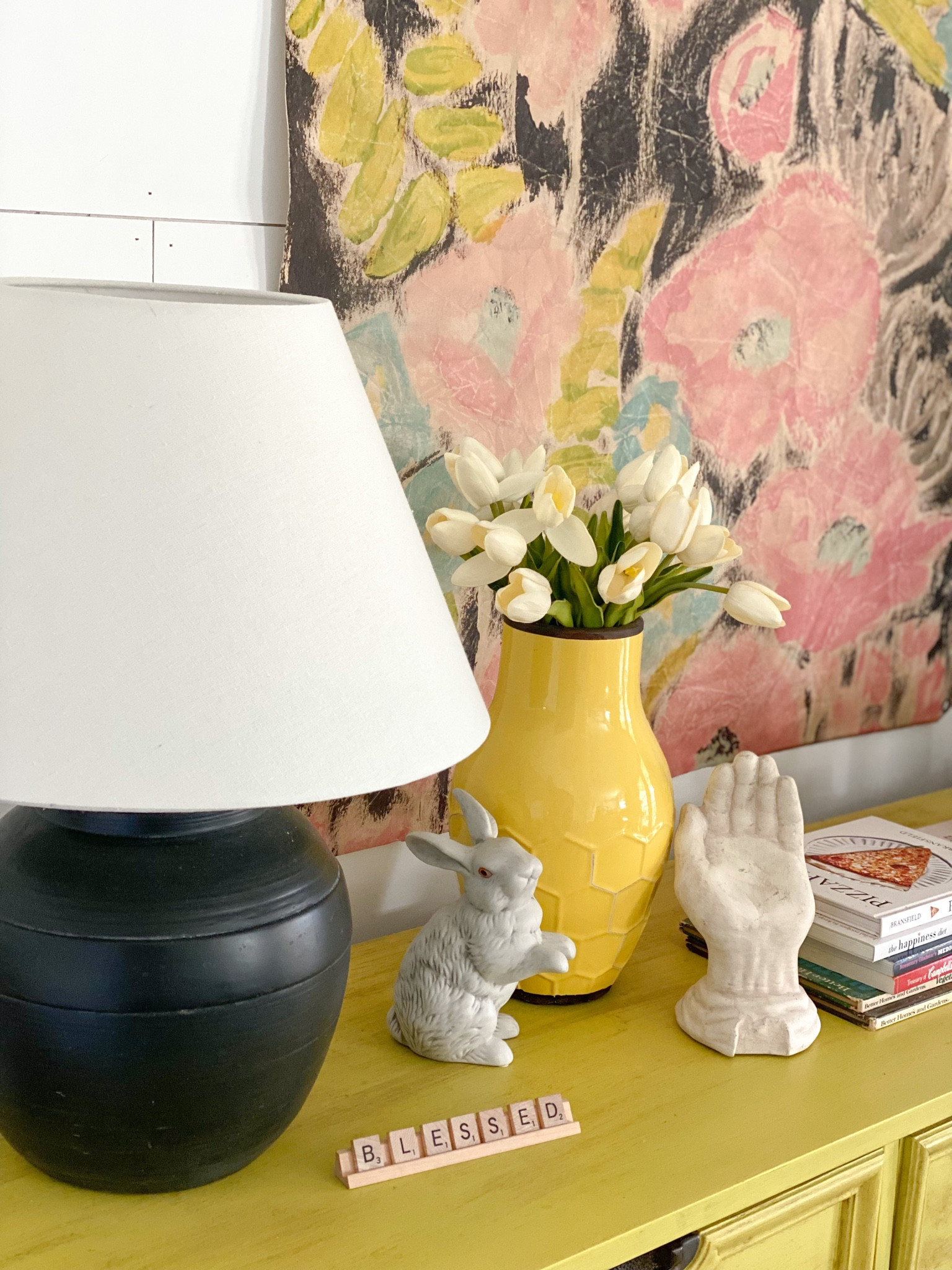 Real touch faux tulips, hand sculpture, urn lamp, matte black, Easter bunny 
Amazon, Target 