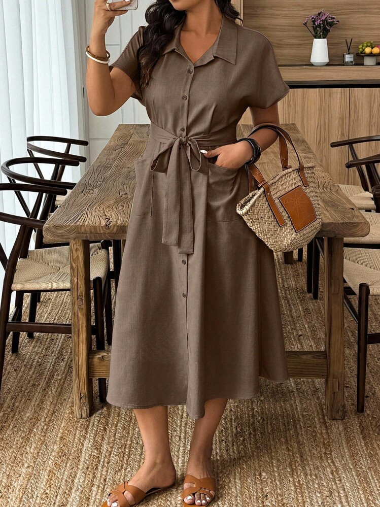 Weeklong Plus Size Women Casual Vacation Style Short Sleeve Single-Breasted Shirt Dress BASICS | SHEIN