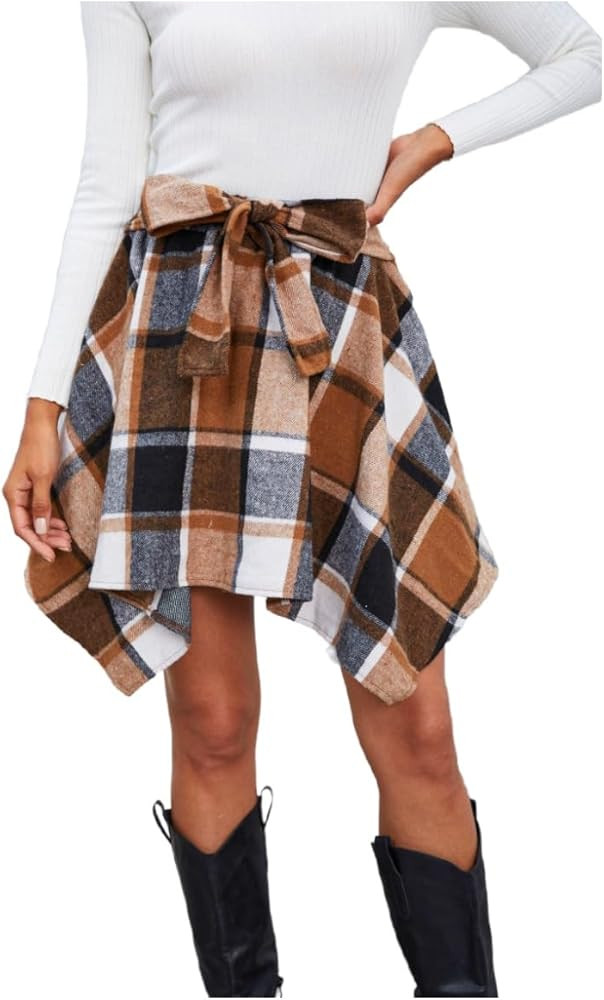 MakeMeChic Women's Plaid Flannel Mini Skirt Bow Tie Front Elastic High Waisted Asymmetrical Fall ... | Amazon (US)
