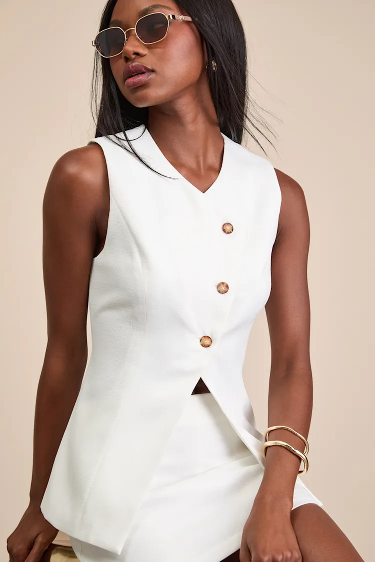 Teslee White Textured Asymmetrical Vest Top | Lulus