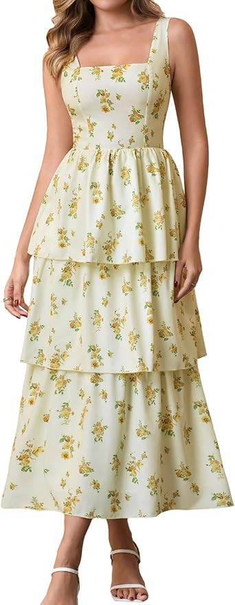 HTZMO Summer Floral Tiered Ruffle Corest Midi Sundress Casual Flowy A Line Tie Wedding Guest Dres... | Amazon (US)