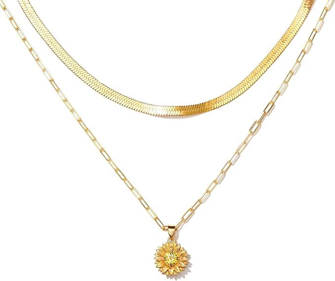 Dainty Layered Choker Necklace 18K Gold Plated Pearl Sunflower Pendant Necklaces Herringbone Snak... | Amazon (US)