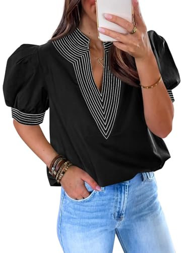 Cicy Bell Womens Puff Short Sleeve Blouses Summer Casual Dressy Contrast Stitch V Neck Tops Loose Fit Tee Shirts Black | Amazon (US)