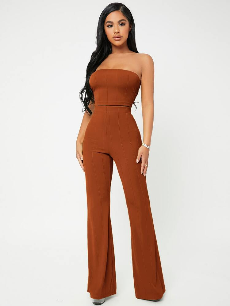 SHEIN SXY Crop Tube Top & Flare Leg Pants Set | SHEIN