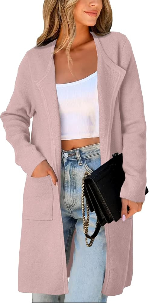 Women's Open Front Cardigan Sweater Long Sleeve Casual Knit Lapel Coatigan Coat | Amazon (US)