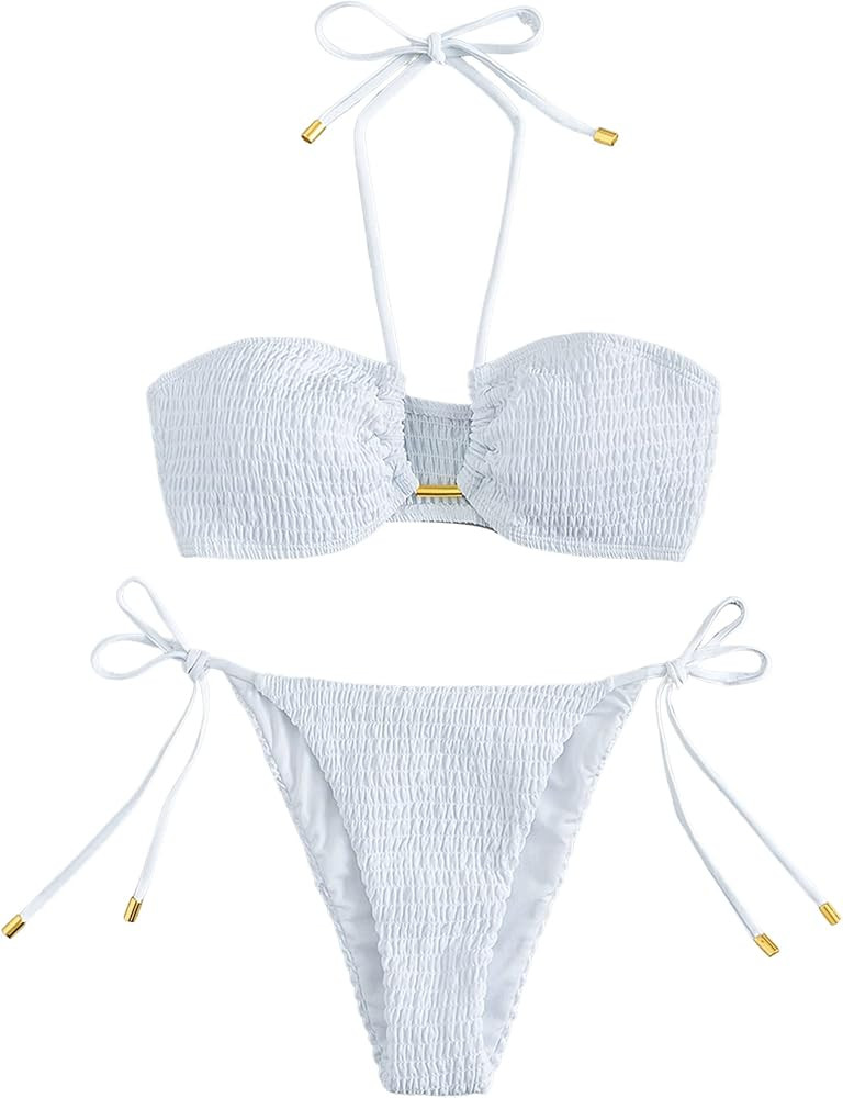 SweatyRocks Women's 2 Piece Bathing Suit Ribbed Tie Side Halter Bikini Swimsuit | Amazon (US)