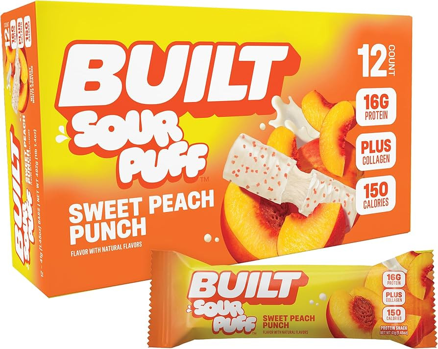 BUILT Bar Sour Puff Protein Bars - Sweet Peach Punch - 16g Protein Snack Bars with Collagen - Cal... | Amazon (US)