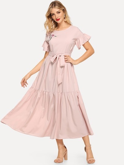 Floral Embroidered Self Belted Tiered Dress | SHEIN
