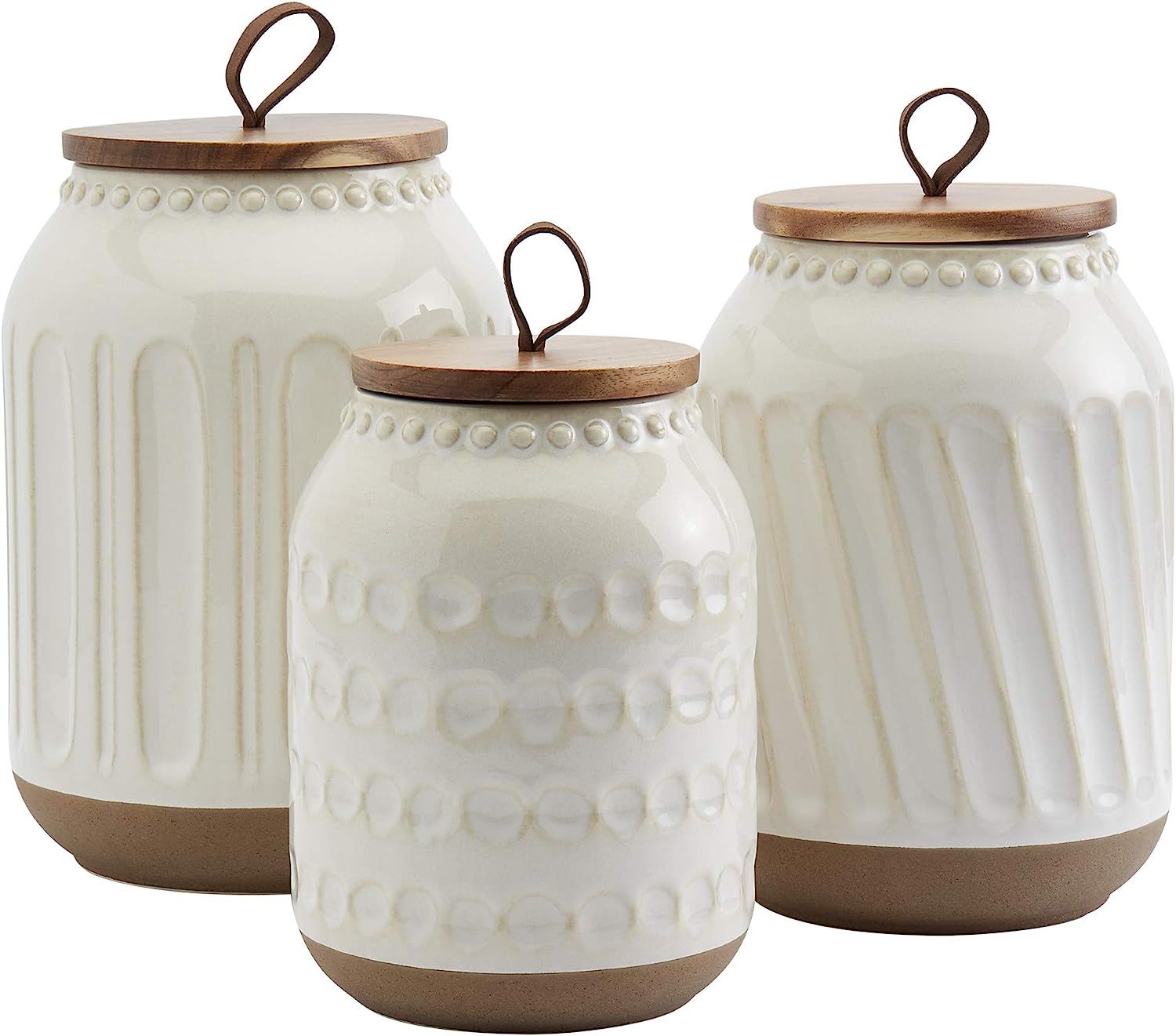 Tabletops Gallery Ceramic Canister Collection- Stoneware Designed Embossed Acacia Wood White Set,... | Amazon (US)