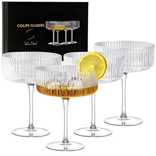 Coupe Glasses Set of 4, 10 oz Ribbed Martini Glasses, Hand Blown Cocktail Glasses, Bar Drinking Glasses, Gift Boxed Drinking Glasses Set Pefect for Espresso Martini, Manhattan, Cocktail, Champagne | Amazon (US)