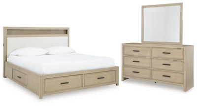 Calmoro Queen Bookcase Bed with Mirrored Dresser, Gray | Ashley Homestore