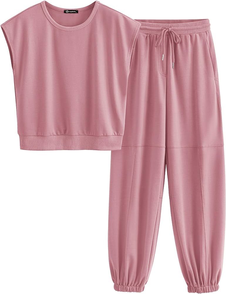 PRETTYGARDEN Women's Summer 2 Piece Tracksuit Outfit Casual Cap Sleeve Tops High Waist Pants Set ... | Amazon (US)