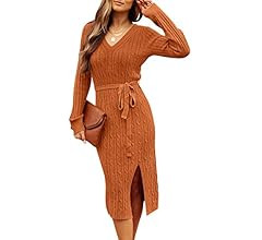 MEROKEETY Women's V Neck Cable Knit Sweater Dress Long Sleeve Bodycon Slit Pullover Midi Dress wi... | Amazon (US)