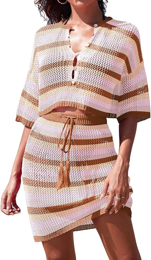 Pink Queen 2 Piece Crochet Swimsuit Cover Ups for Women Hollow Out Knitted Bathing Suit Coverup B... | Amazon (US)