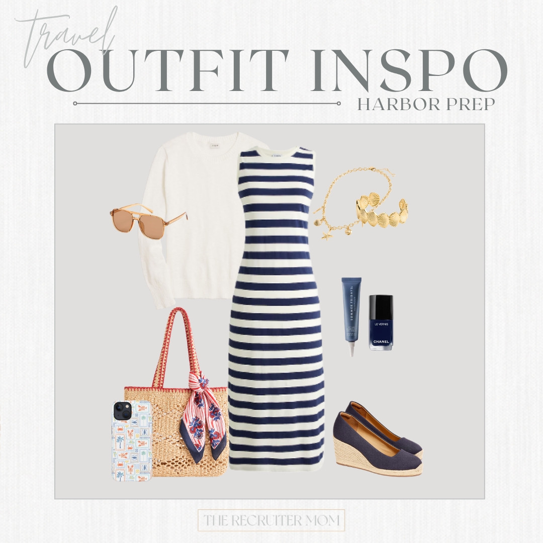 Harbor prep never looked this good 🐚 Navy stripe knit dress, espadrille wedges, a scarf-tied tote & the cutest gold shell bracelet — so coastal and ready for your next trip.

#LTKSeasonal #LTKOver40 #LTKTravel