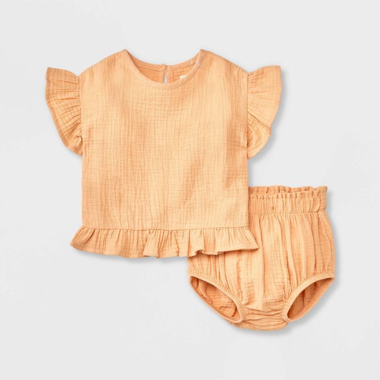 Grayson Collective Baby Girls' Gauze Ruffle Short Sleeve Top & Bottom Set - Orange | Target