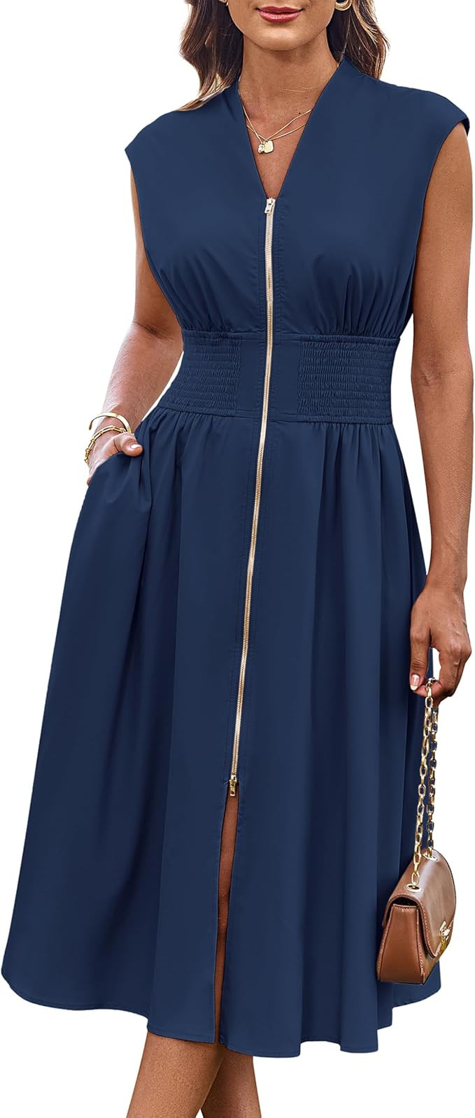 GRACE KARIN Womens Summer Casual Dress V Neck Cap Sleeve Zipper Front Flowy Midi Dress with Pocke... | Amazon (US)