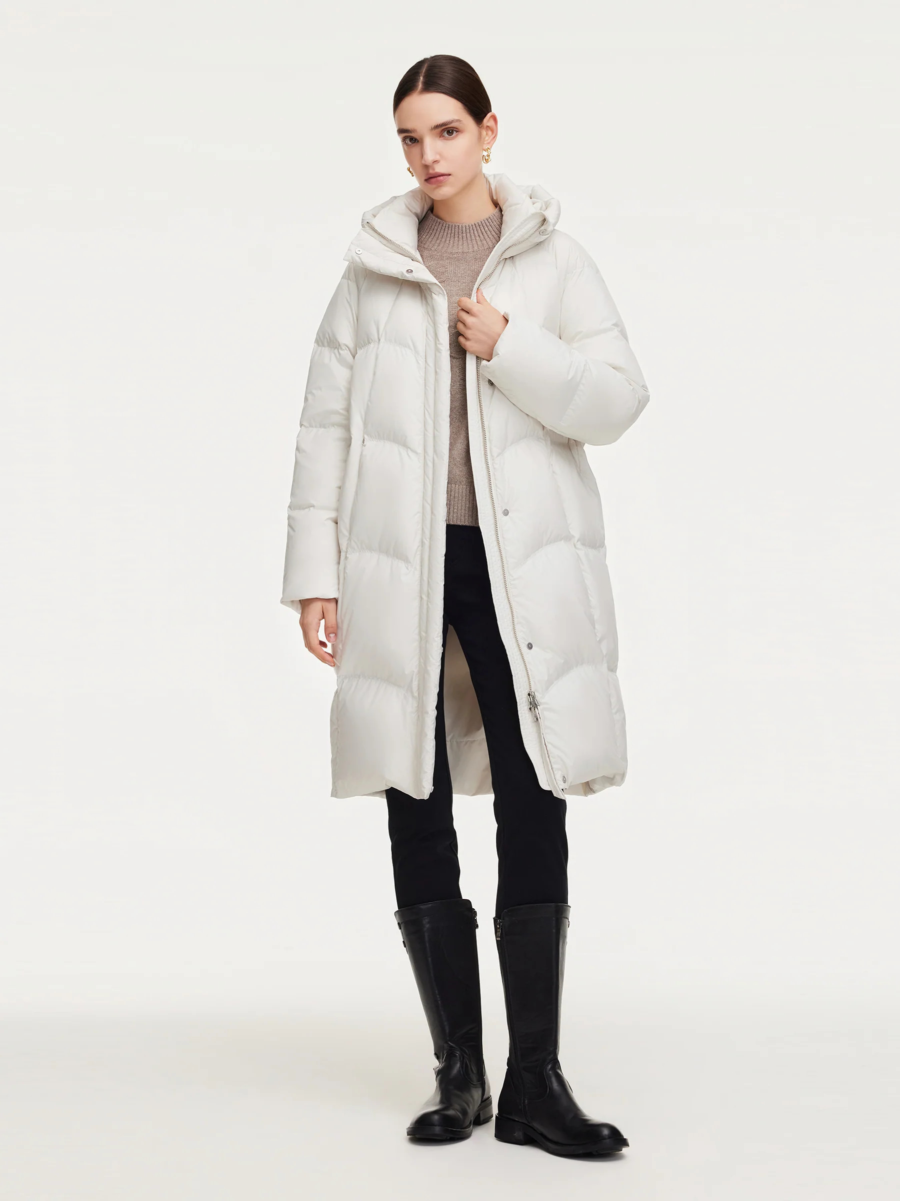 Cocoon Hooded Zip-Up Long Goose Down Coat - Off White / M | GOELIA