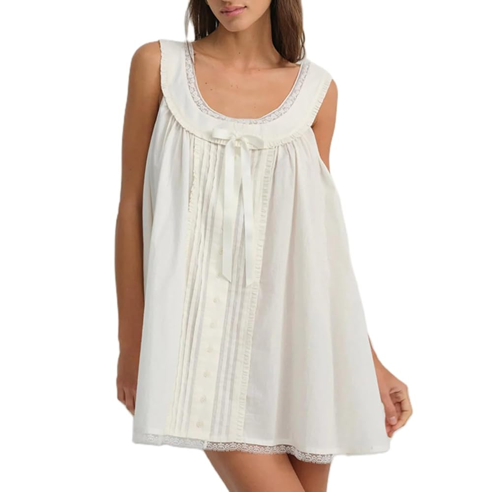 Women Y2K Lace Trim Slip Dress Casual Bow Tie Pleated Ruffle Tunic Dress Summer Outgoing Solid Co... | Amazon (US)