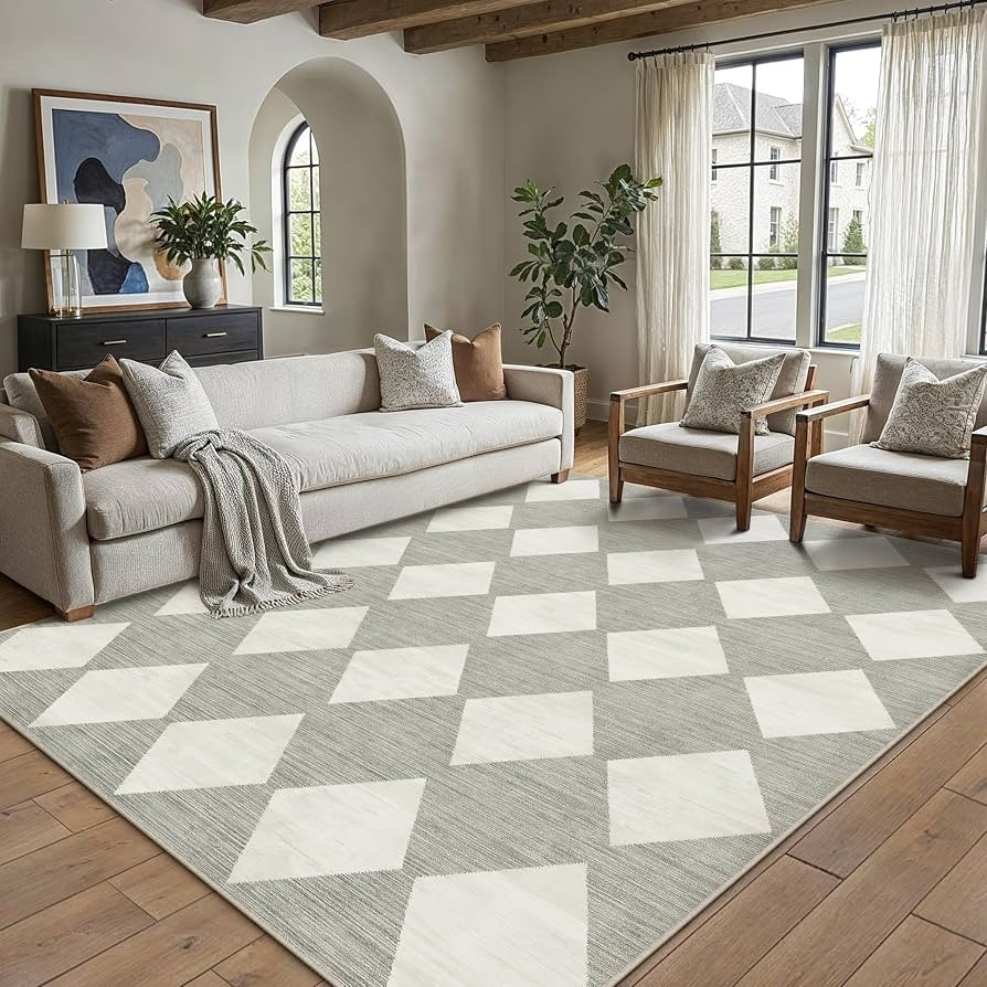 5x7 Checkered Area Rugs for Living Room Grey Machine Washable Large Rug Non-Slip Stain Resistant ... | Amazon (US)