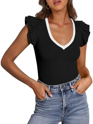 PRETTYGARDEN Womens V Neck Summer Tops Ruffle Sleeveless Slim Fit T Shirts Going Out Casual Blous... | Amazon (US)