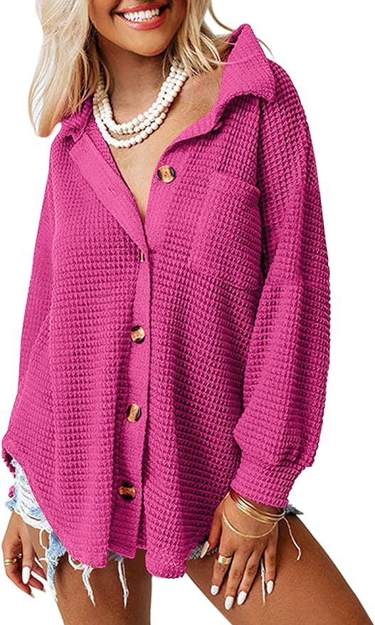 AUTOMET Womens Shacket Waffle Knit Casual Jackets Button Down Flannel Shirts Dressy Tops Fall Clo... | Amazon (US)