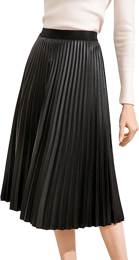 Women's Elastic High-Waisted Leather Pleated Skirt Hides Zipper A-Line MIDI Pleather Skirts | Amazon (US)