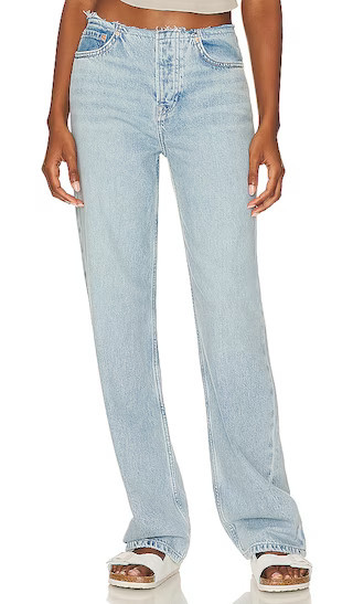 GRLFRND Jordan Low Rise Frayed Waist Boyfriend Jeans in Denim-Light. - size 25 | Revolve Clothing (Global)