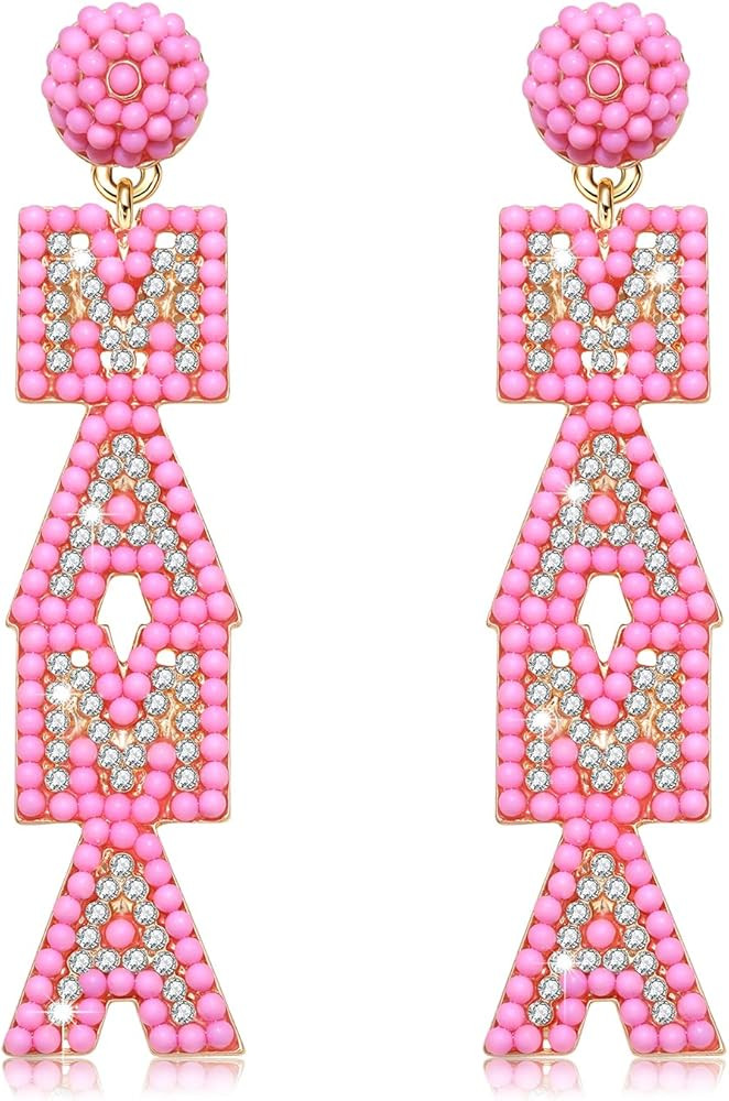 MAMA Earrings Cute MAMA Letter Beaded Dangling Earrings Hypoallergenic Long Statement Rhinestone Dangle Earrings Jewelry Fun Mother’s Day Gift for Mom Grandmother from Daughter | Amazon (US)