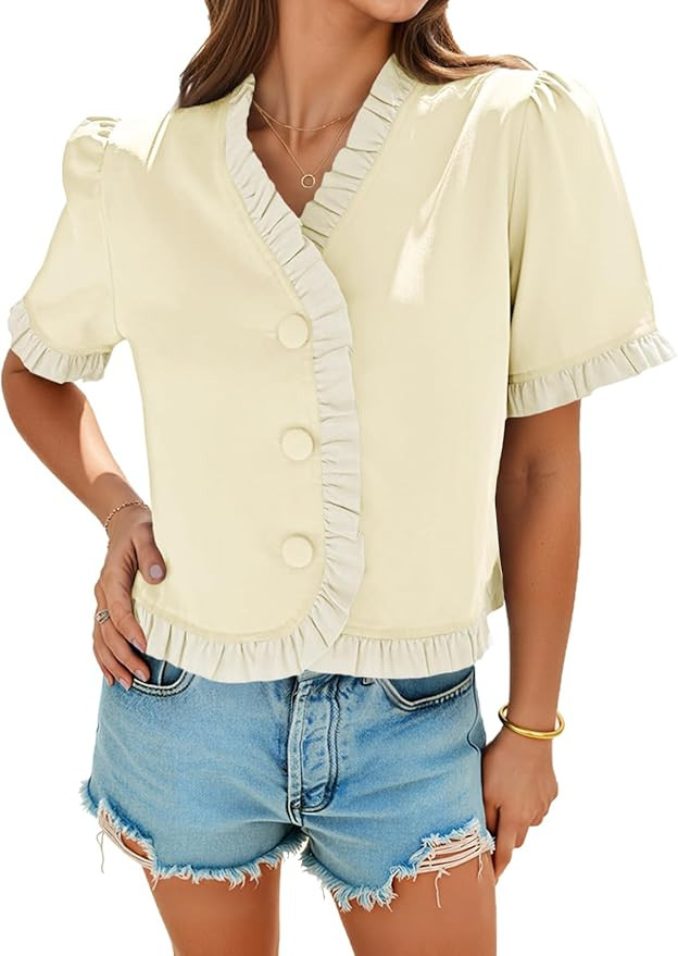 Tankaneo Womens Cropped Short Puff Sleeve Blouse Summer Ruffle V Neck Button Down Shirts Dressy C... | Amazon (US)