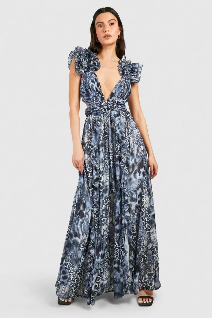 Leopard Ruffle Cut Out Maxi Dress | boohoo (US & Canada)