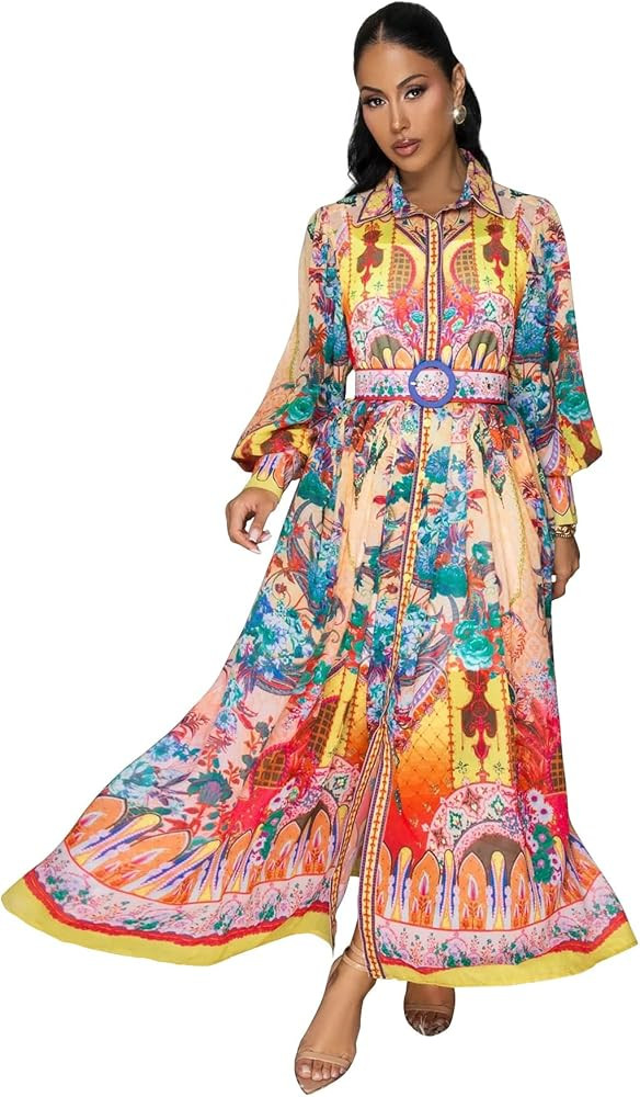 Women's Elegant Floral Maxi Dress with Puff Sleeves, High Collar, Button Front, Slits, and Belt | Amazon (US)