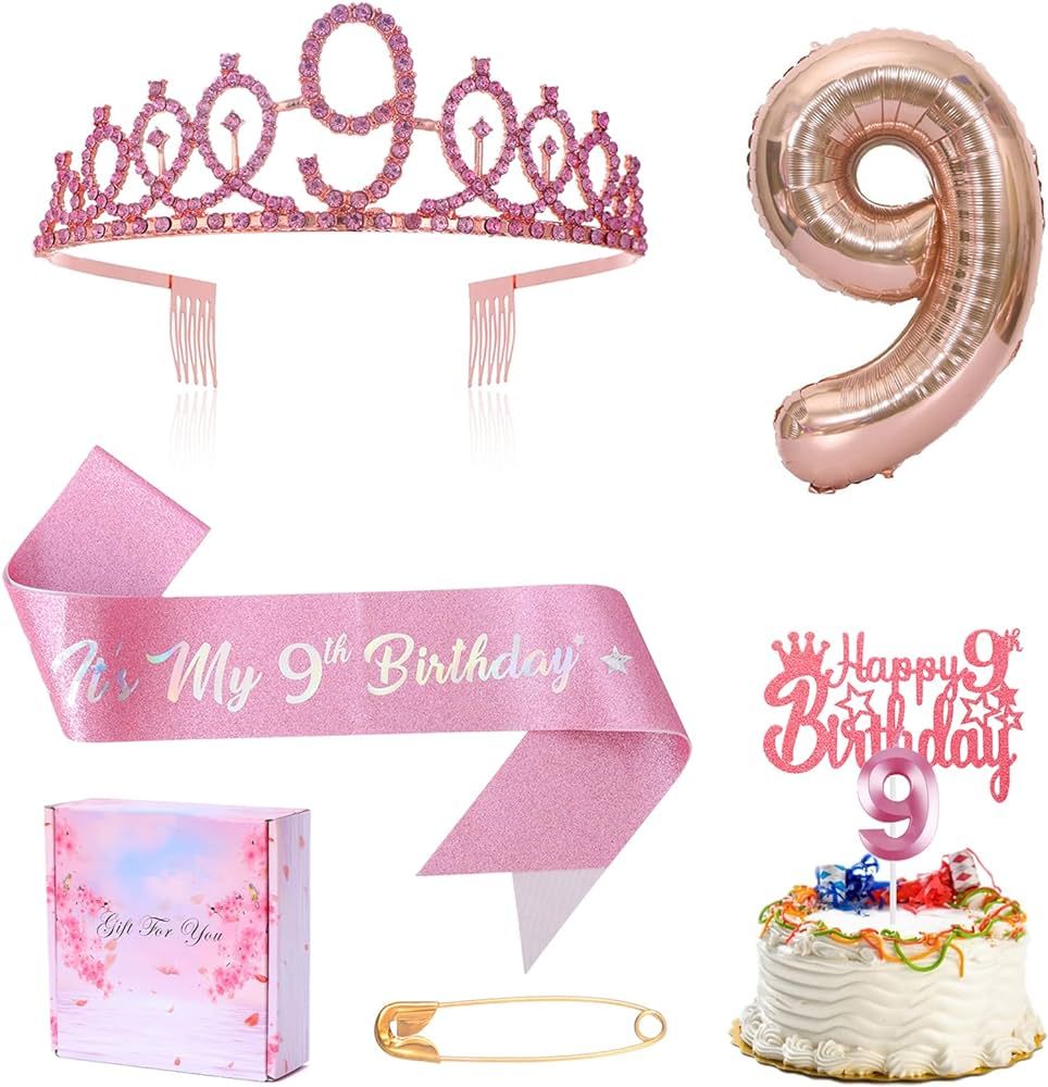9th Birthday Decoration for Girl,It's My 9th Birthday Sash Rhinestone Crown Happy Birthday Cake T... | Amazon (US)