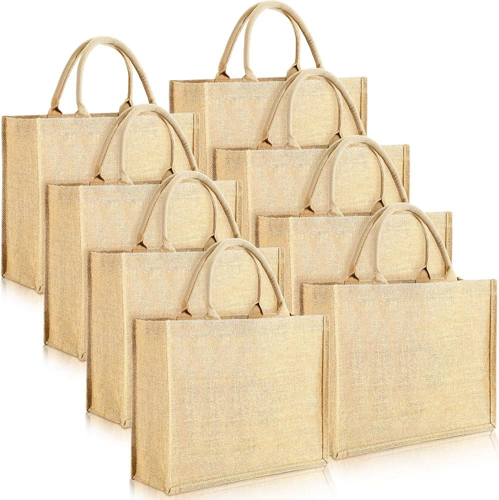 Shappy 8 Pack Burlap Tote Bags with Handles, Jute Tote Bags with Laminated Interior Reusable Groc... | Amazon (US)