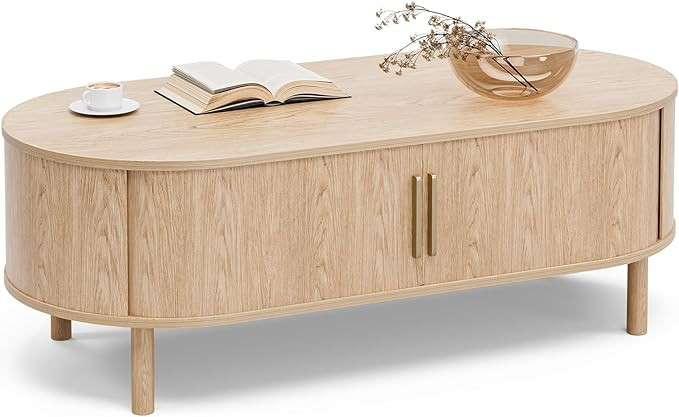 Coffee Table for Living Room, Modern Oval Coffee Table with Cabinets & Sliding Doors, Home Small ... | Amazon (US)