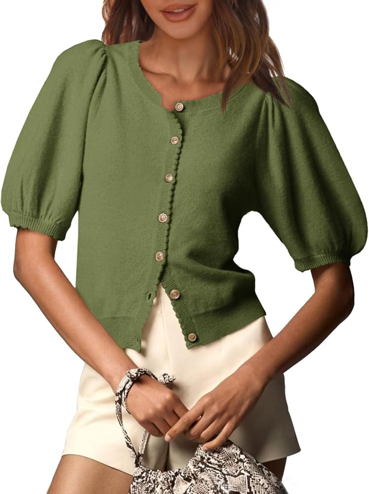 Saodimallsu Womens Puff Short Sleeve Cardigan Lightweight Summer Button Down Shirts Knit Crew Nec... | Amazon (US)