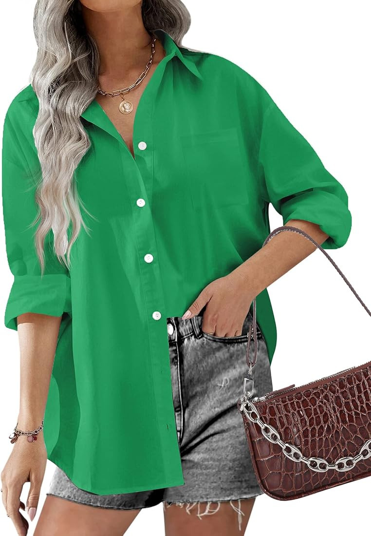 Hotouch Women Button Down Shirts Office Drop Shoulder Oversized Blouse Long Sleeve Boyfriend Dress S | Amazon (US)