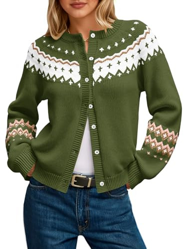 Saodimallsu Womens Fair Isle Sweater Button Up Long Sleeve Cardigans Crew Neck Open Front Knit Vi... | Amazon (US)