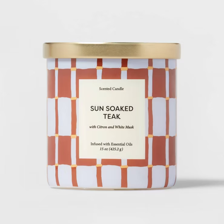 15oz Glass Jar Checker Print Sun Soaked Teak Candle Yellow - Opalhouse™ | Target