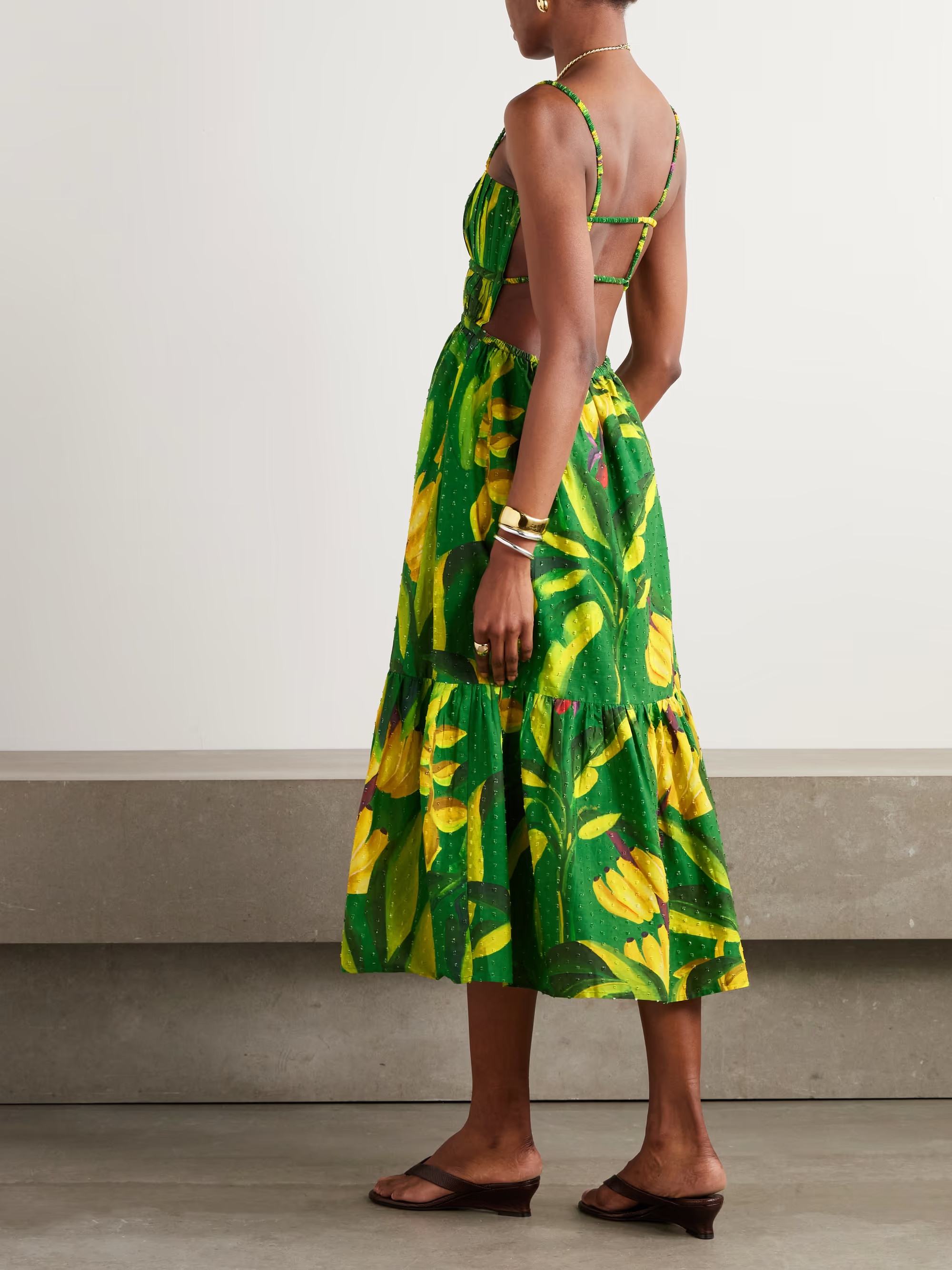 Banana Aquarela pleated printed swiss-dot linen midi dress | NET-A-PORTER APAC