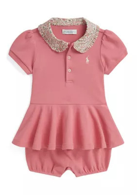Ralph Lauren Childrenswear Baby Girls Floral Collar Mesh Bubble Shortall, Pink, 3 Months | Belk