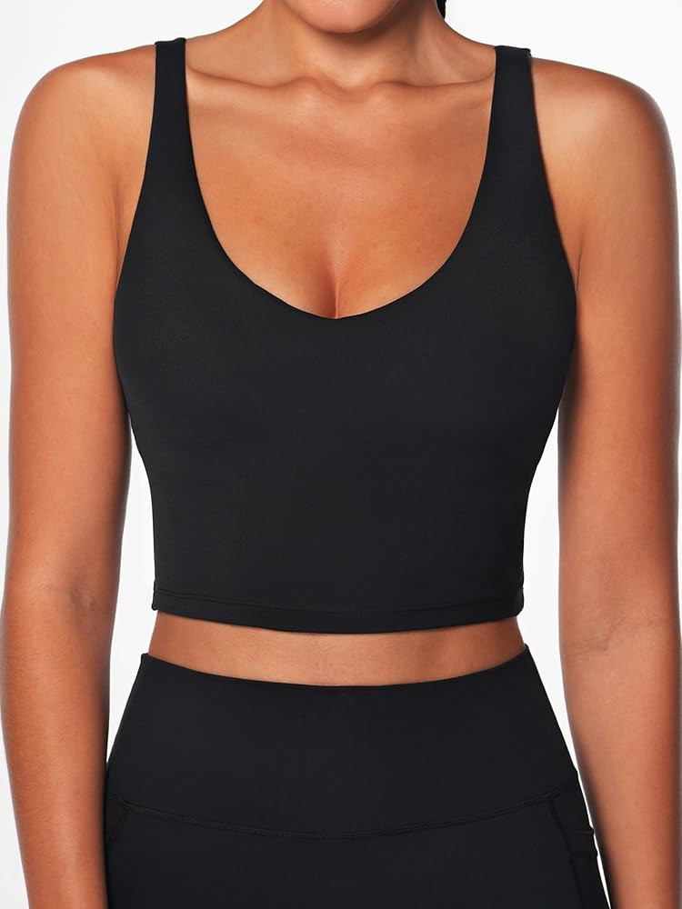 Women V-Neck Longline Sports Bras Low U Back Workout Yoga Athletic Crop Tank Top with Built in Br... | Amazon (US)