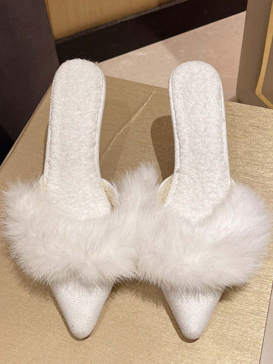 Luxtrada Women's Fluffy Feather Pointed Toe Sandals Backless Slip On High Heels Mules Slides Dres... | SHEIN