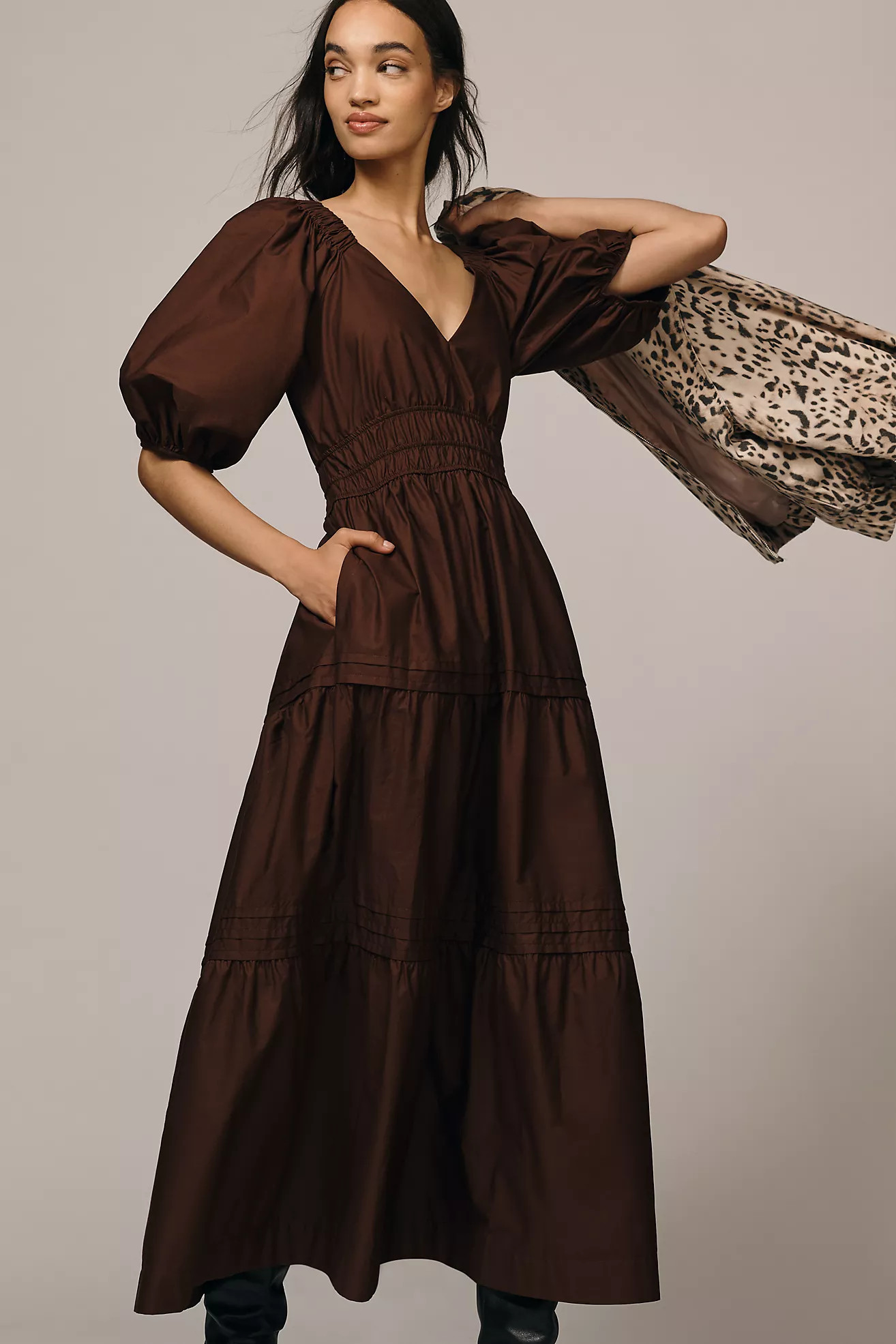 Maeve Smocked V-Neck Half-Sleeve Tiered Midi Dress | Anthropologie (US)