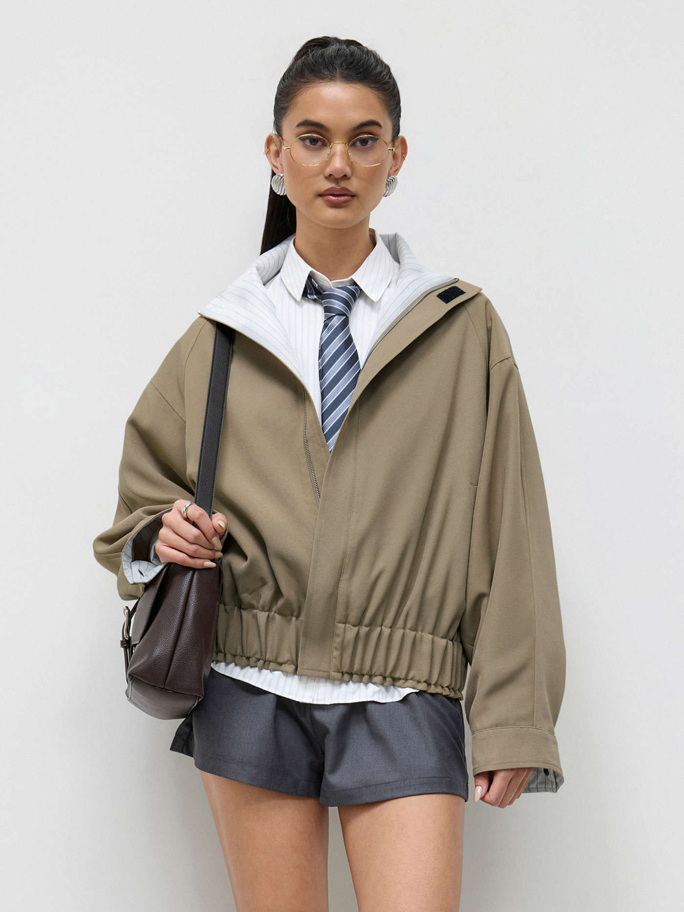 Oversized Elastic Waist Jacket With Striped Lining | Cider