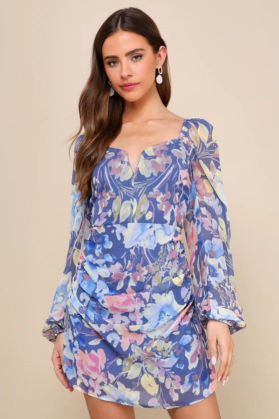 Beautiful Impression Blue Floral Chiffon Long Sleeve Mini Dress | Lulus