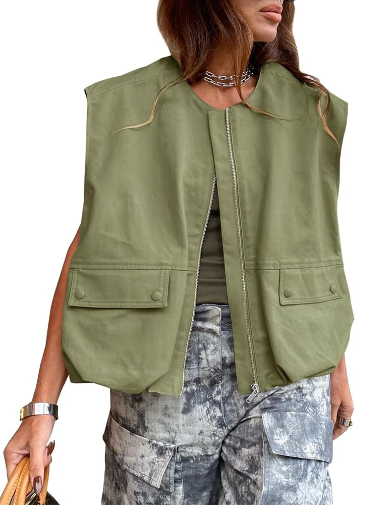 Womens Casual Zip Up Cargo Vest Top Oversized Lightweight Ruched Hem Sleeveless Blazer Jackets Ve... | Amazon (US)
