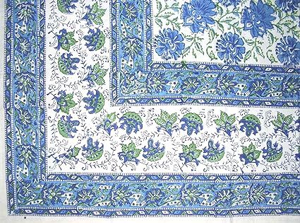 HOMESTEAD Lotus Flower Block Print Floral Cotton Tablecloth 90" x 60" Blue | Amazon (US)